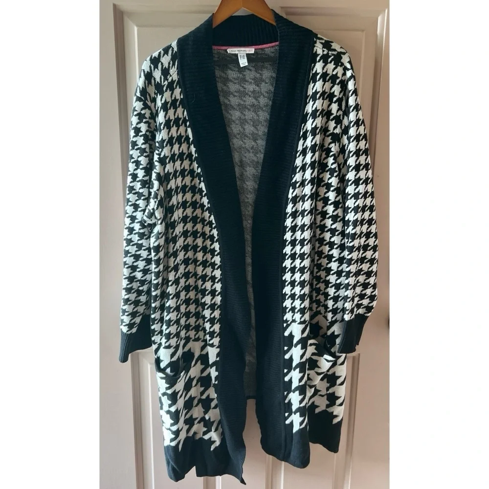 Black & White Houndstooth Cardigan Duster Statement Knit Sweater EUC 2XL #661